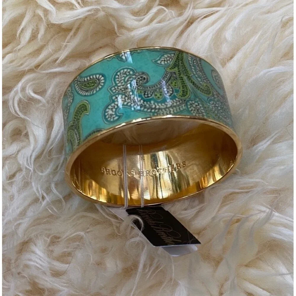 Vintage Brooks Brothers Paisley Brass Cuff Bracelet Blue Green Boho NWT Gift